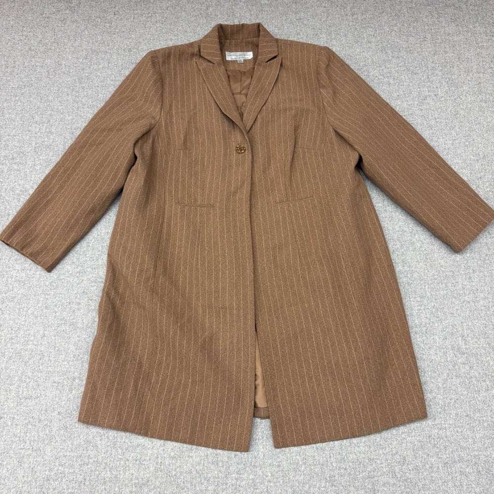 Larry Levine Pinstripe Car Coat Size 20W Brown Single Button Lined Long Jacket